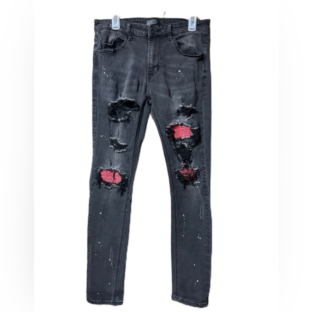 11 4 14 11 KDNK Men's Jeans Destroyed Size 32 Black Paint Splatter Slim Biker
